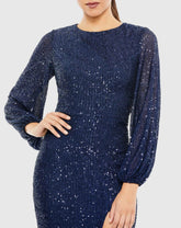 Navy Sequined Puff Sleeve High Neck Dress